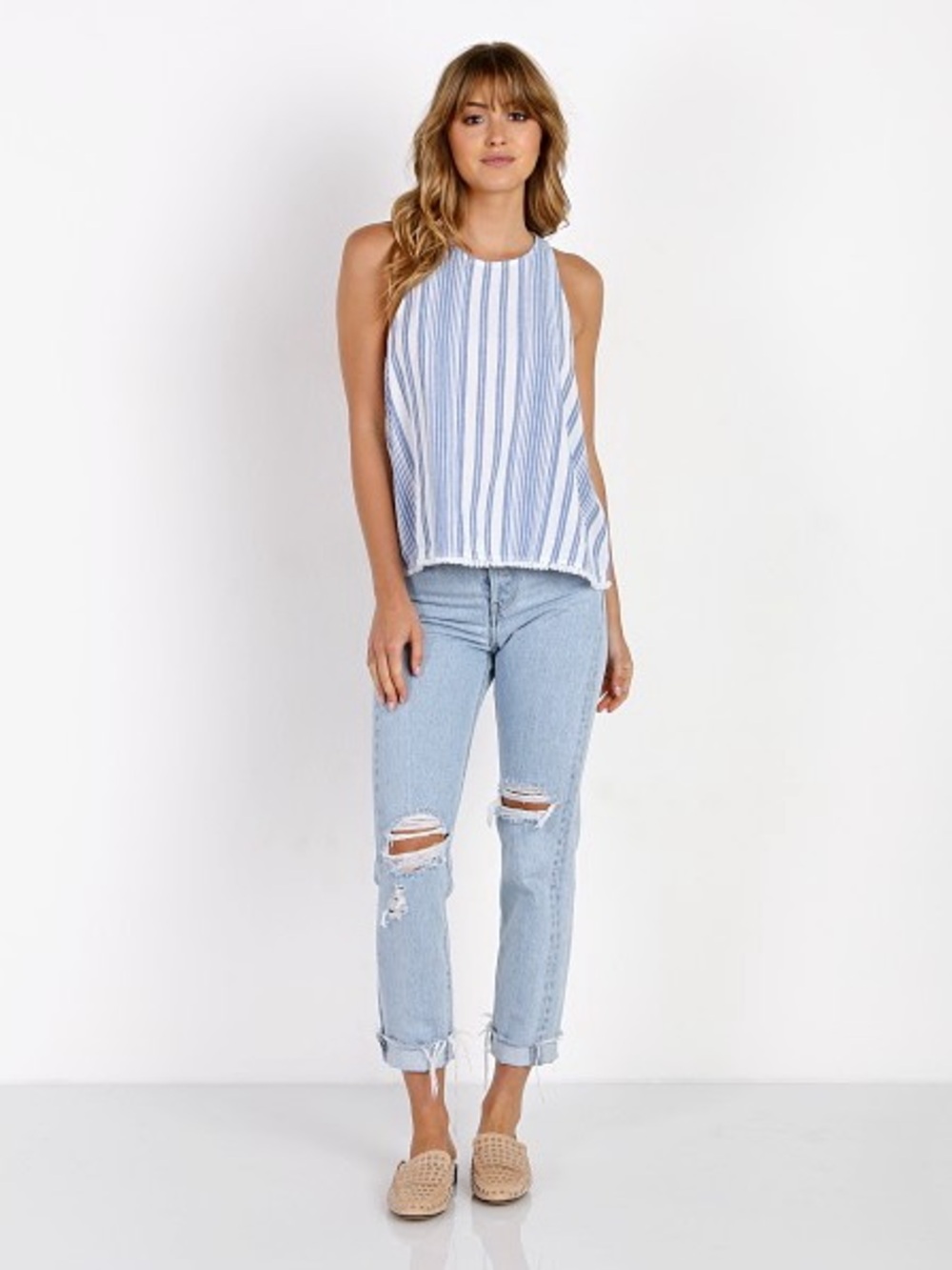 BELLA DAHL BLUE WHITE STRIPE SAND PEOPLE COASTAL LINEN FRINGE BOHO TOP SZ L NWT - Picture 3 of 7